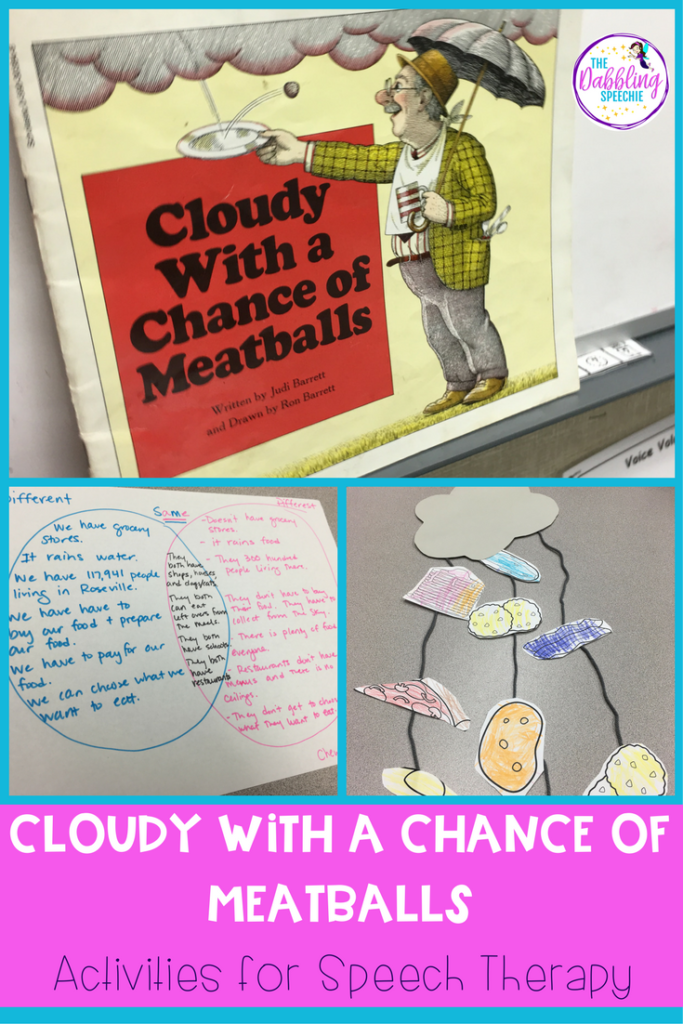 Cloudy With A Chance of Meatballs is a great book to use in your speech therapy sessions. There are so many great ways to expand on this book in therapy.