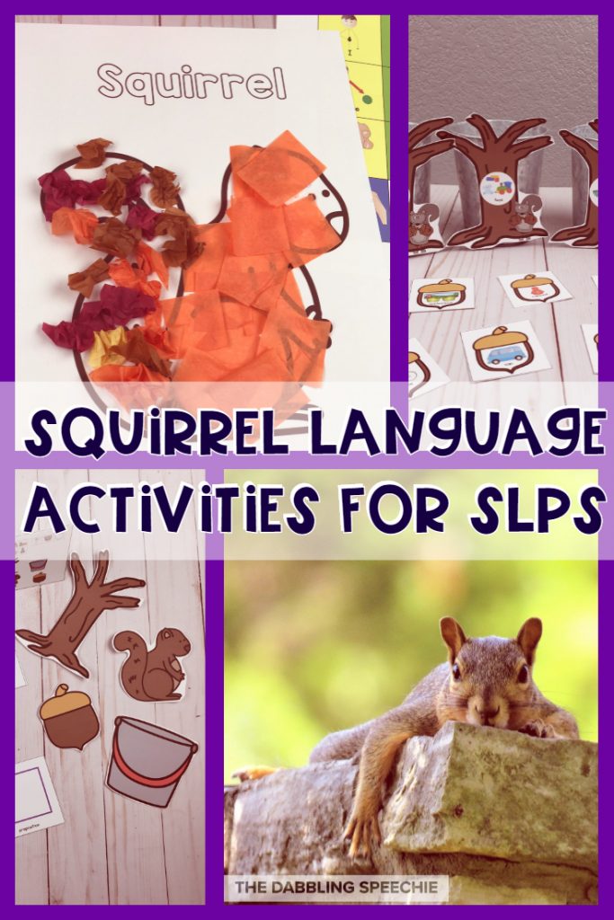 squirrel speech therapy activities for fall. Fall activities for speech therapy can include squirrels. They are busy getting ready for winter and great for working on vocabulary, grammar, social inferencing and more! #dabblingslp #slpeeps #fallspeechtherapy #squirrelactivities