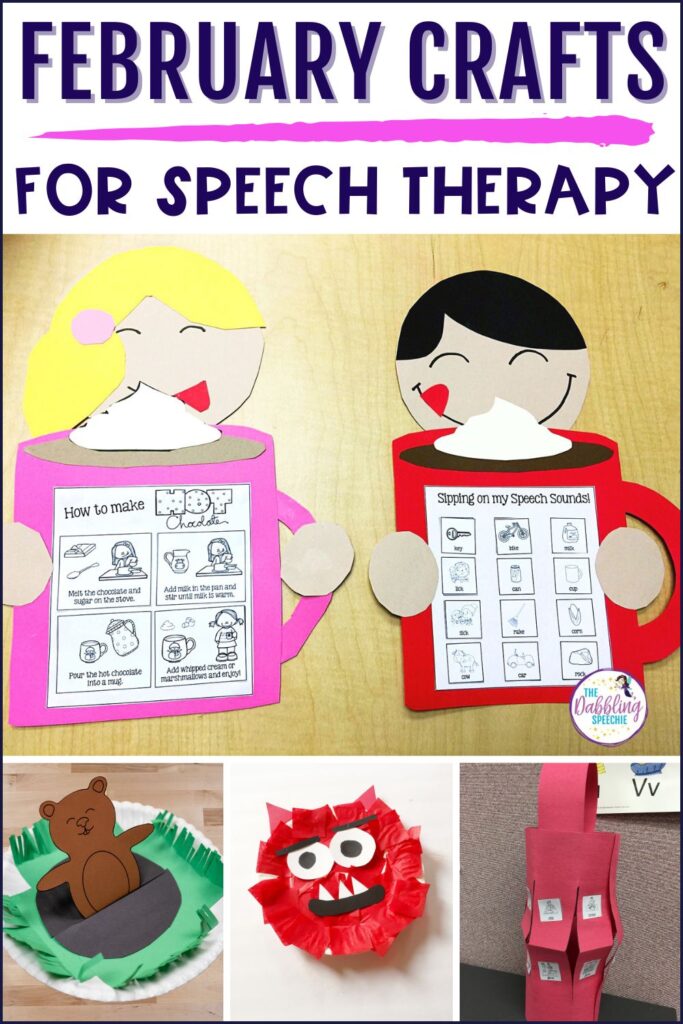 Fun February crafts for speech therapy for groundhog day, Chinese New year, winter and Valentine's Day.