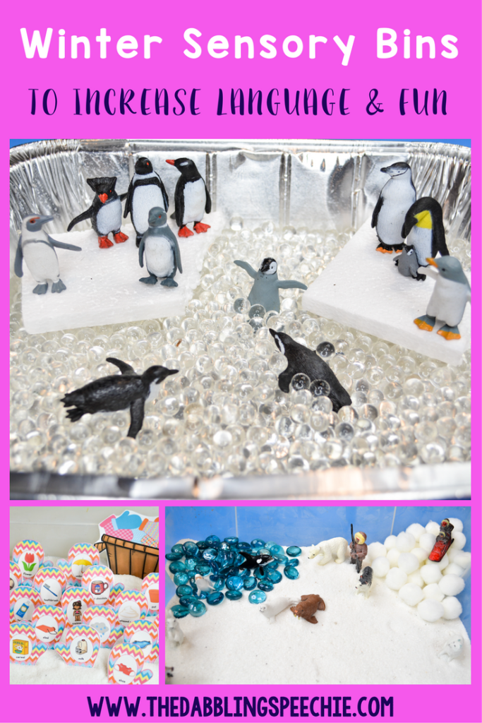 winter sensory bins to increase language and engagement. Use a sensory bin to keep the fun in speech!