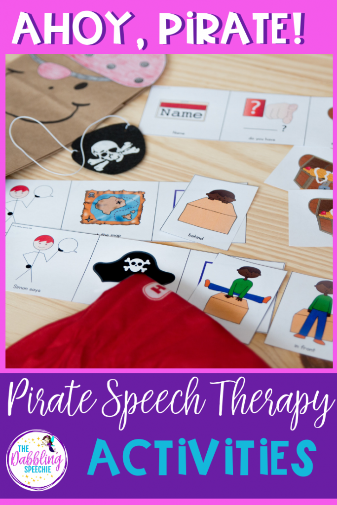 Ahoy there mateys! Pirate speech therapy activities to help SLPs plan fun & engaging lessons! Craft ideas, treasure hunt sensory bin, language lessons & book recommendations. #Talklikeapirate #slpeeps #slpsensorybin #sensorybins #craftsforkids #speechtherapy #speechpathology