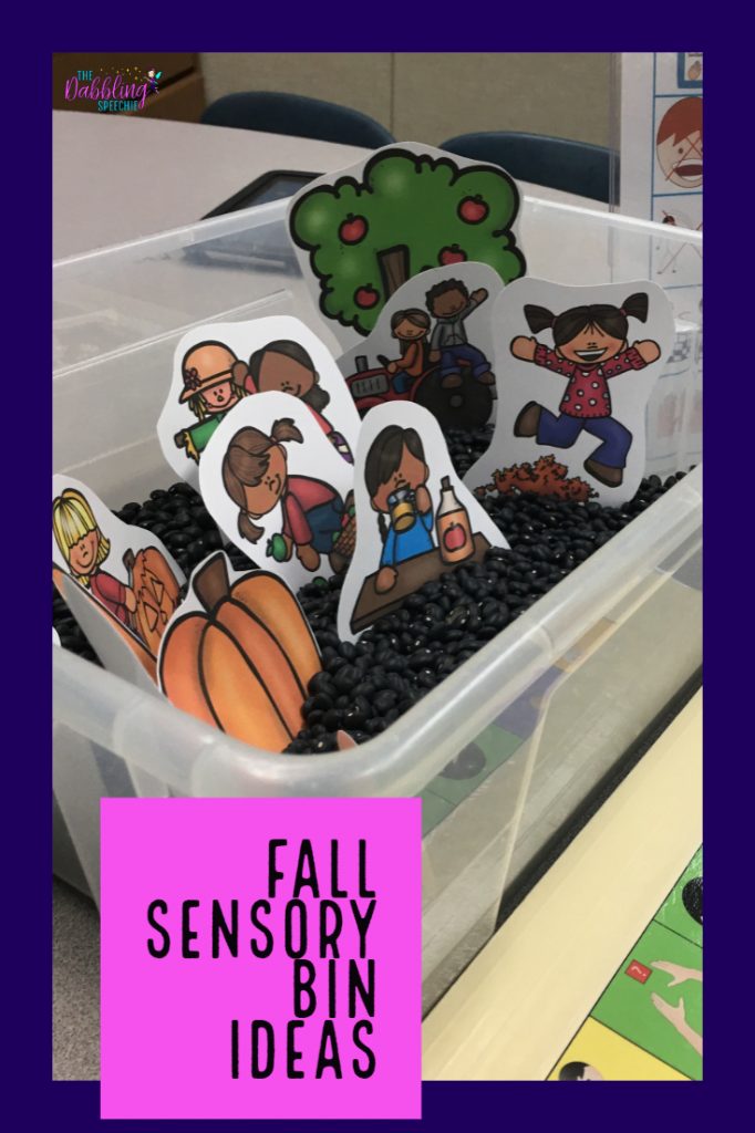 Fall sensory bin ideas for speech therapy. Easy sensory bin ideas to work on Fall vocabulary with students. #dabblingslp #slpsensorybin #sensorybin #speechtherapy