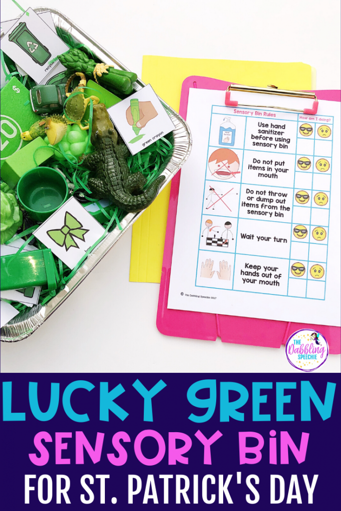 Use this St. Patrick's Day sensory bin in your preschool speech therapy sessions.