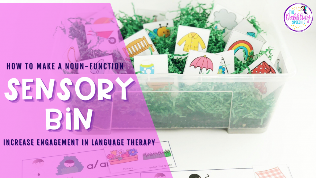 Make a noun function sensory bin to engage your students while working on language concepts in speech therapy. Check out how you can make this easy sensory bin and use for weeks!