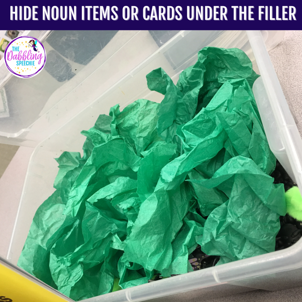 Make a noun function sensory bin to engage your students while working on language concepts in speech therapy. Check out how you can make this easy sensory bin and use for weeks!