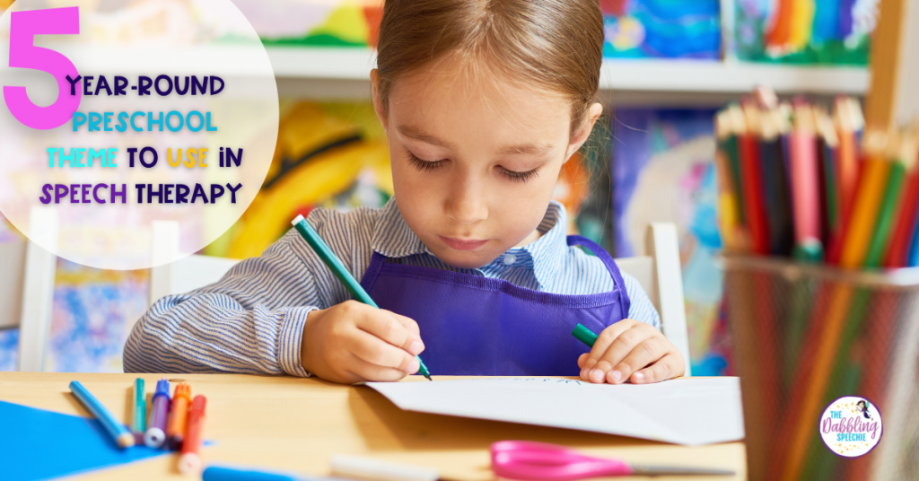 Need some ideas for year-round preschool themes that will help you plan engaging speech therapy sessions? Check out these 5 year-round themes to do anytime throughout the school year.