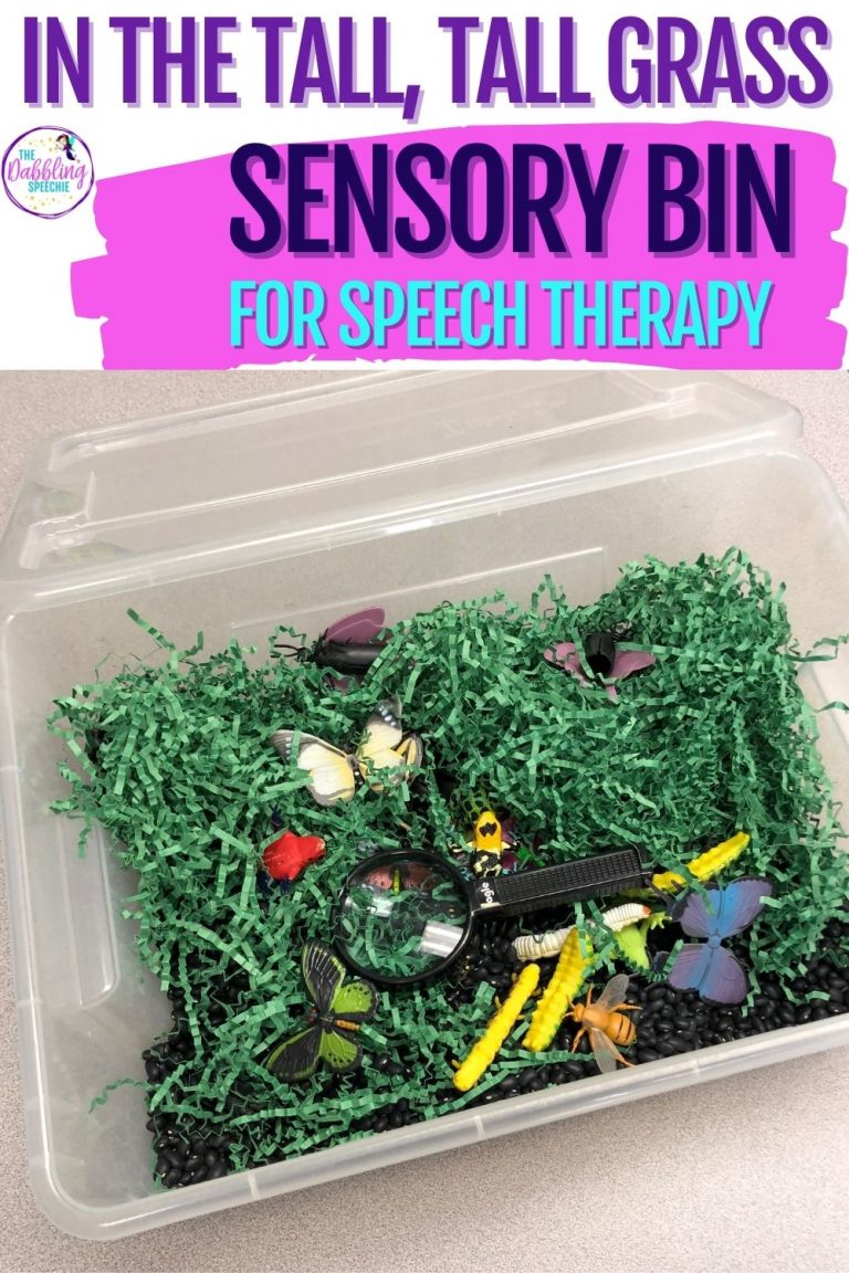 In the Tall, Tall grass speech therapy sensory bin for preschool and elementary