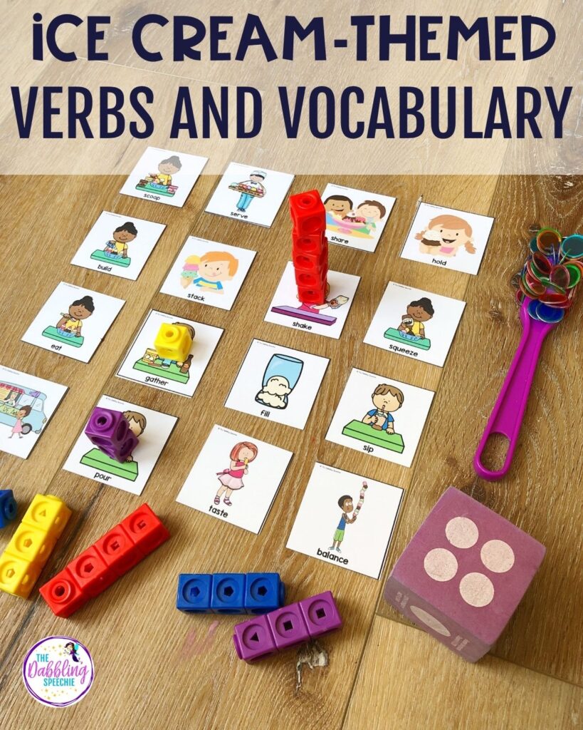 Ice cream preschool activities for vocabulary and verbs.