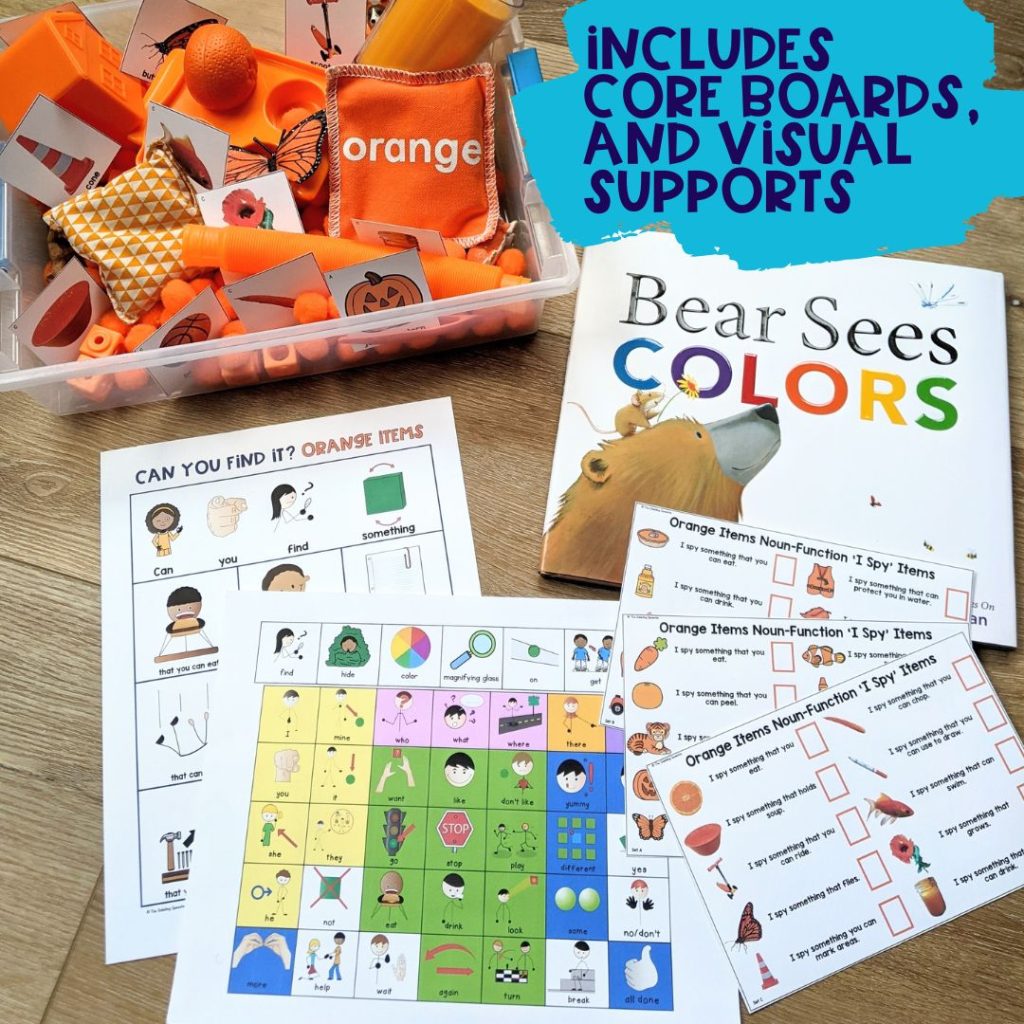 orange color sensory bin to work on AAC, articulation and language