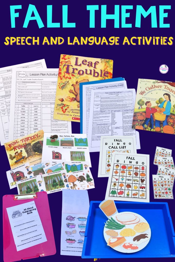Get fall speech therapy activities for pumpkins, fall, apples, Thanskgiving and more in the Themed Therapy SLP membership.