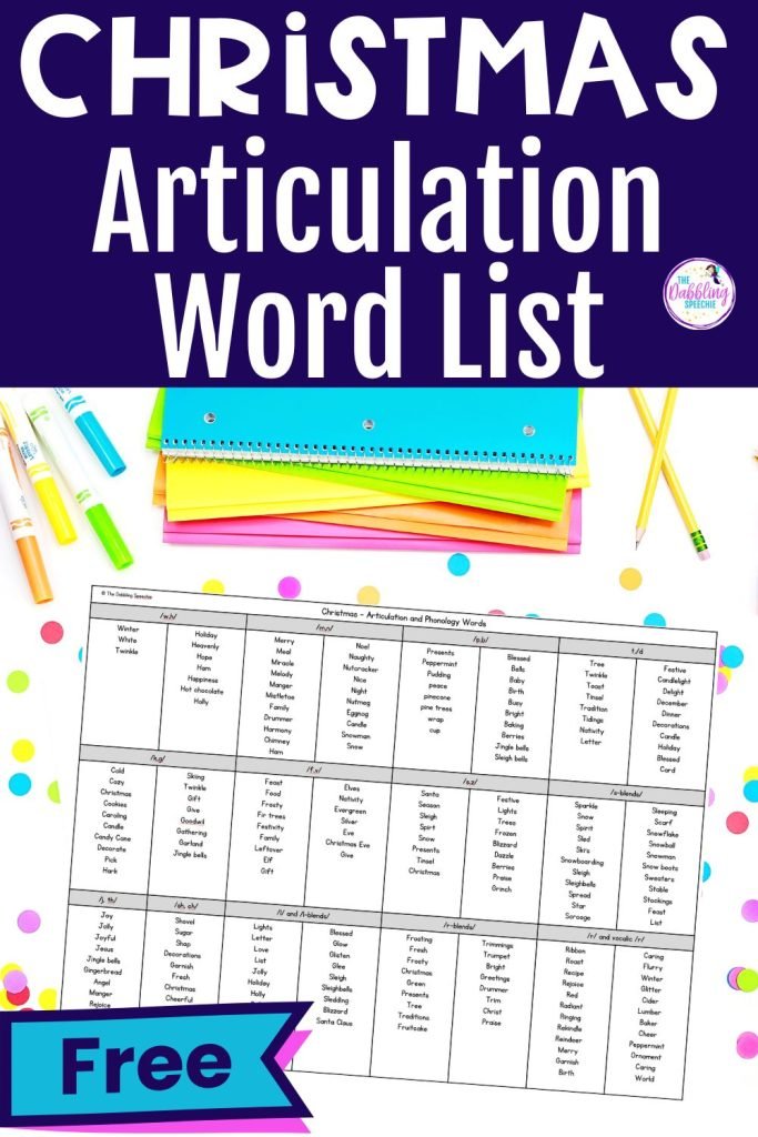 Free Christmas articulation word list for speech therapy.