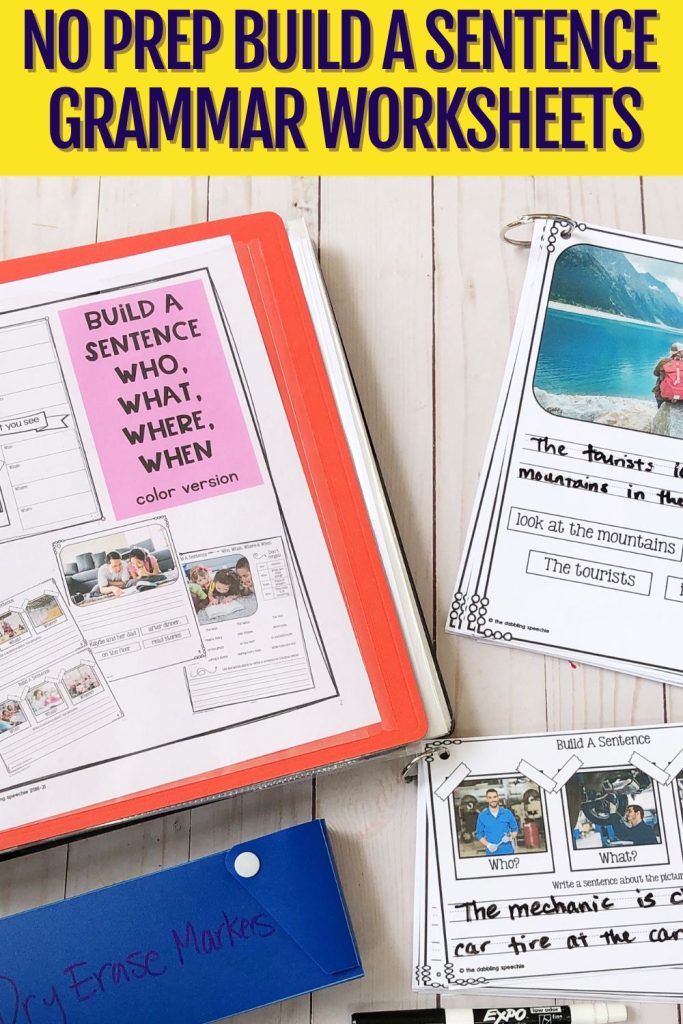 Easy language activities for building sentences for sentence structure.