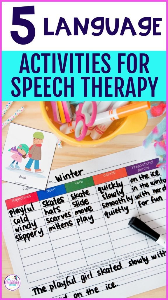 Engaging language therapy worksheets that target grammar and vocabulary goals.