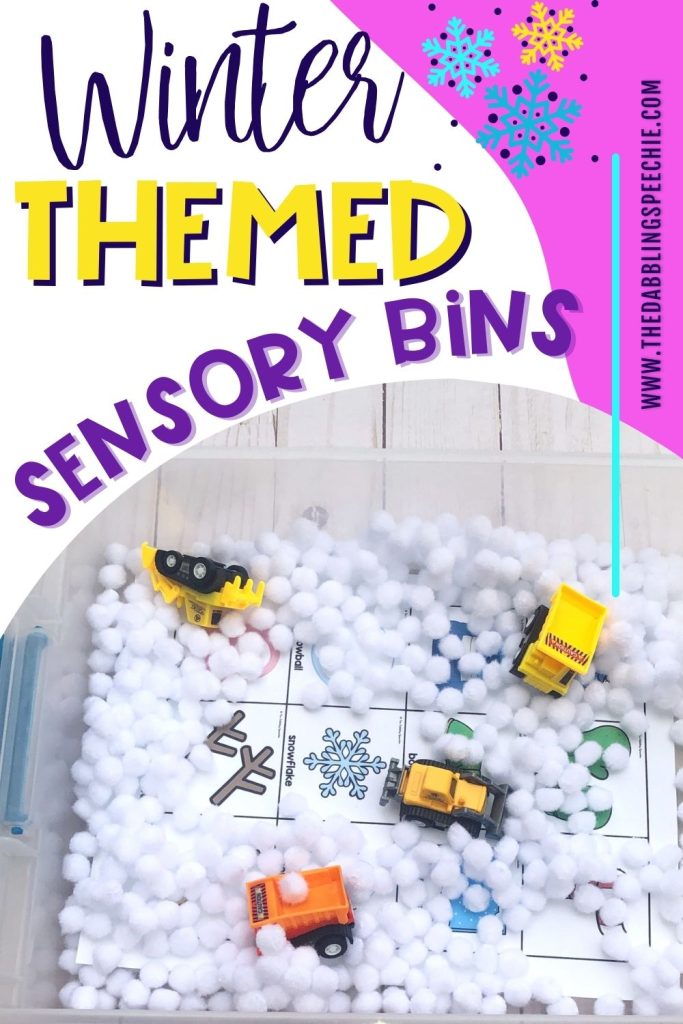 Fun winter sensory bin for preschool speech therapy.