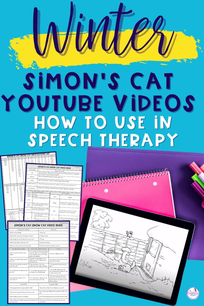Winter speech therapy activities using Simon's Cat wordless short videos.
