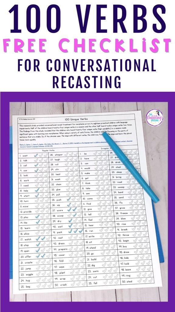 Have a language therapy verb checklist for conversational recasting with morphology.