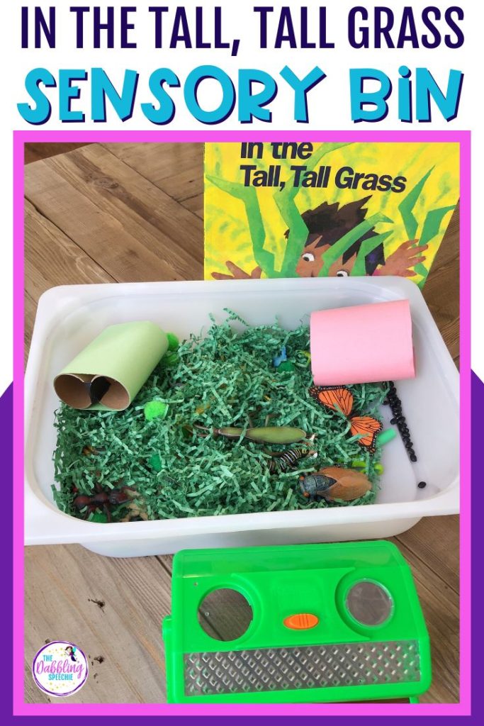 A fun in the tall tall grass lesson plan using a sensory bin with your preschool speech therapy sessions.