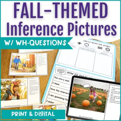 25 Fall inferencing with pictures speech therapy task cards with wh-questions.