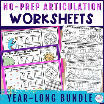 No Prep Articulation Activities Worksheets & Speech Therapy Homework Year-Long
