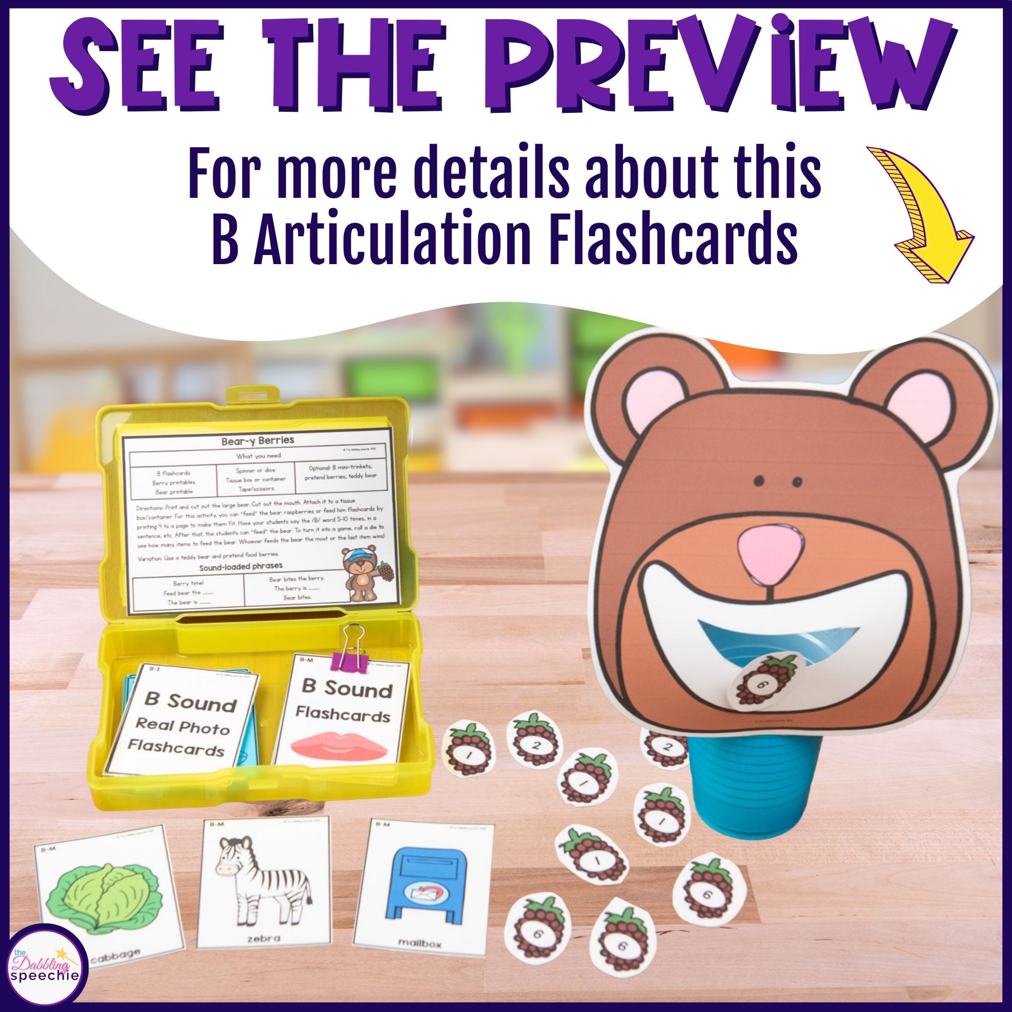 B articulation flashcards with games and activities for drill practice.