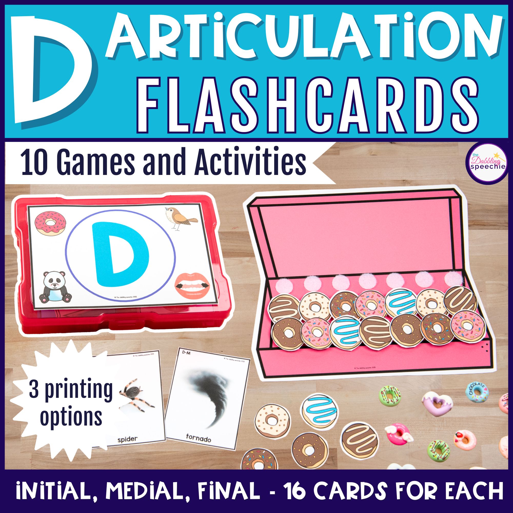 D articulation flashcards with games and activities for high trial drill practice.
