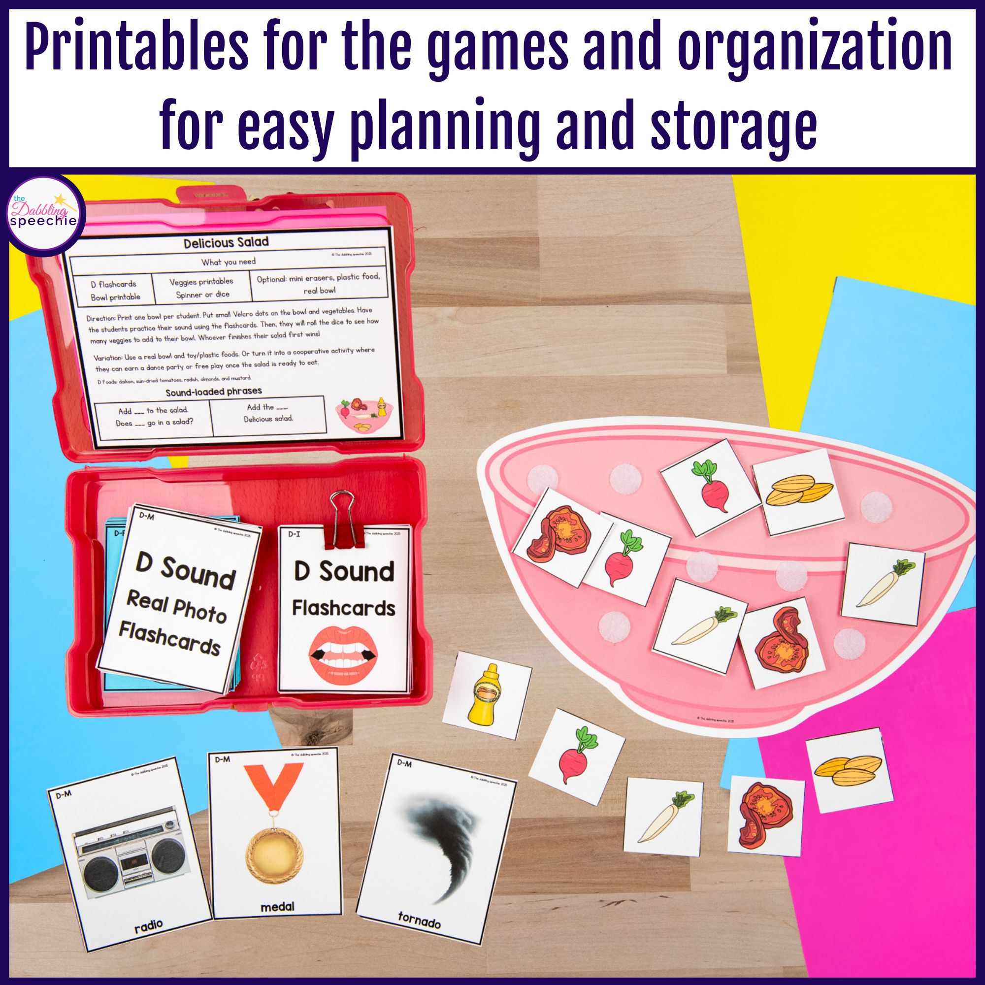 D articulation flashcards with games and activities for high trial drill practice.