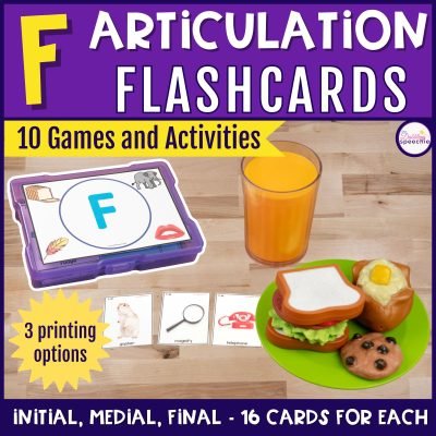 F articulation flashcards with games and activities for high trial drill practice.