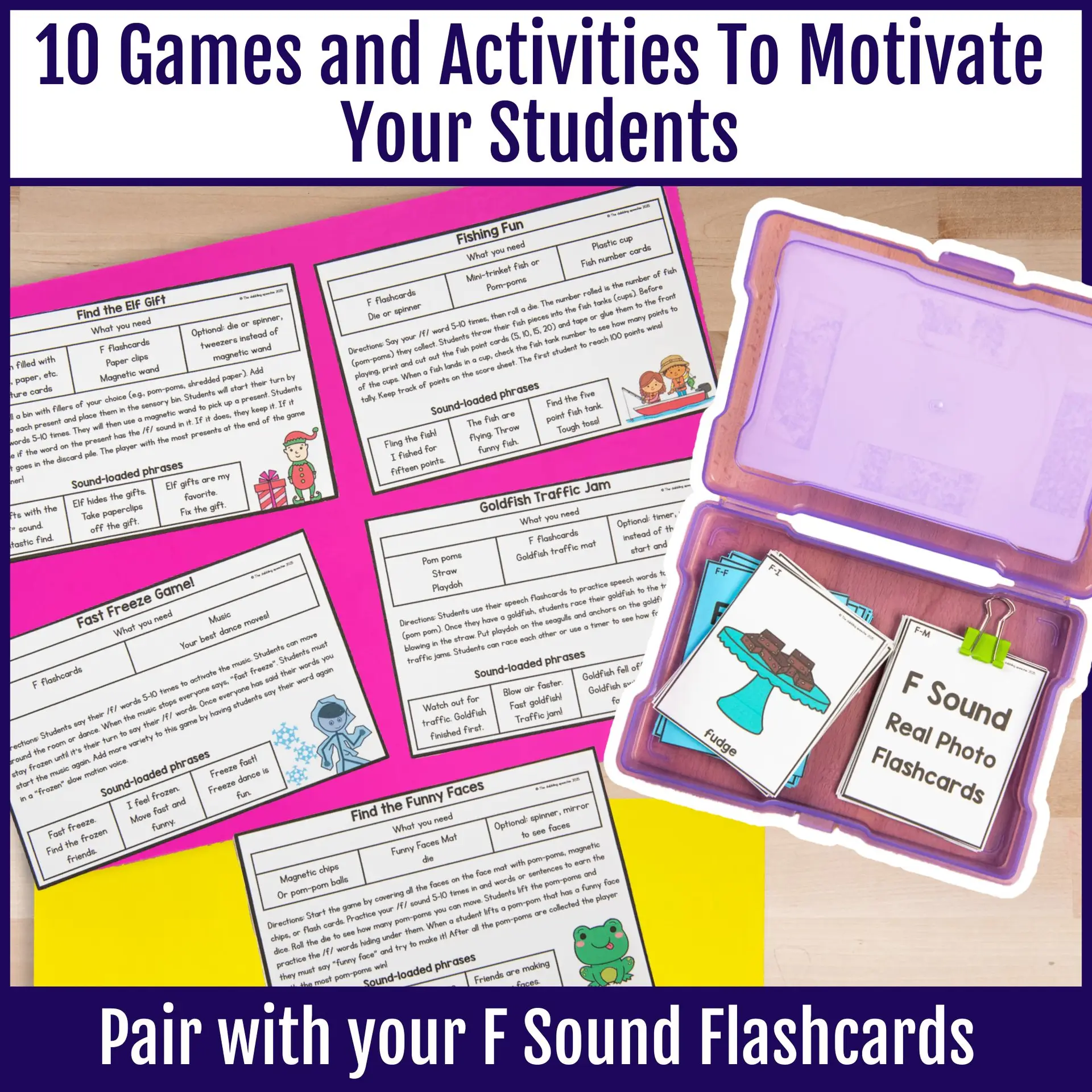 F articulation flashcards with games and activities for high trial drill practice.