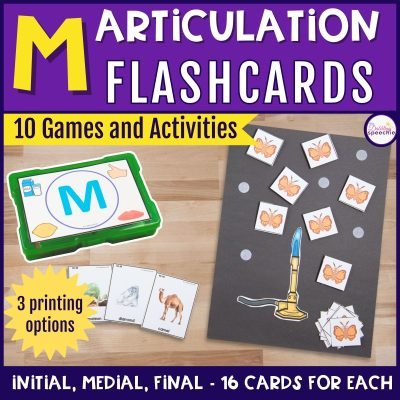 M articulation flashcards with games and activities for high trial drill practice.