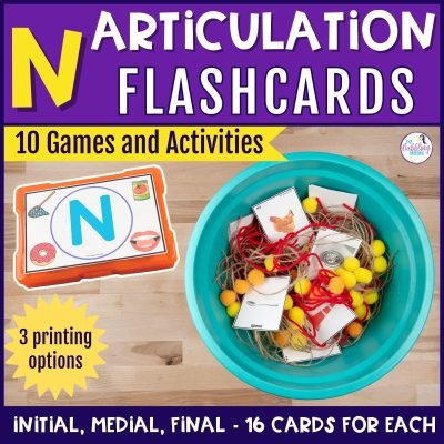 N articulation flashcards with games and activities for high trial drill practice.