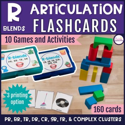 R-blends articulation flashcards with games and activities for high trial drill practice.