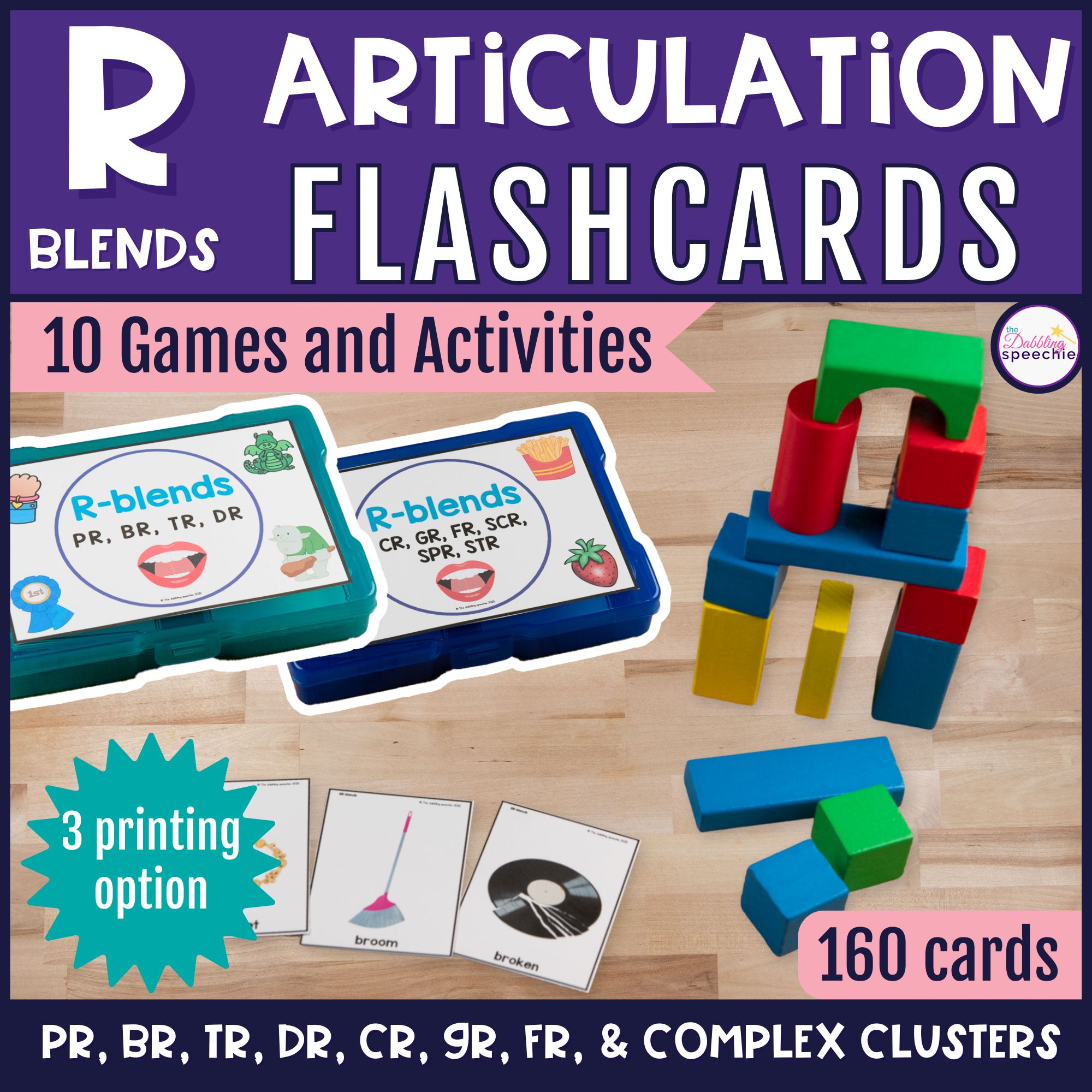 R-blends articulation flashcards with games and activities for high trial drill practice.