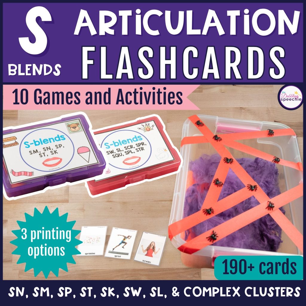 S-blends articulation flashcards with games and activities for high trial drill practice.