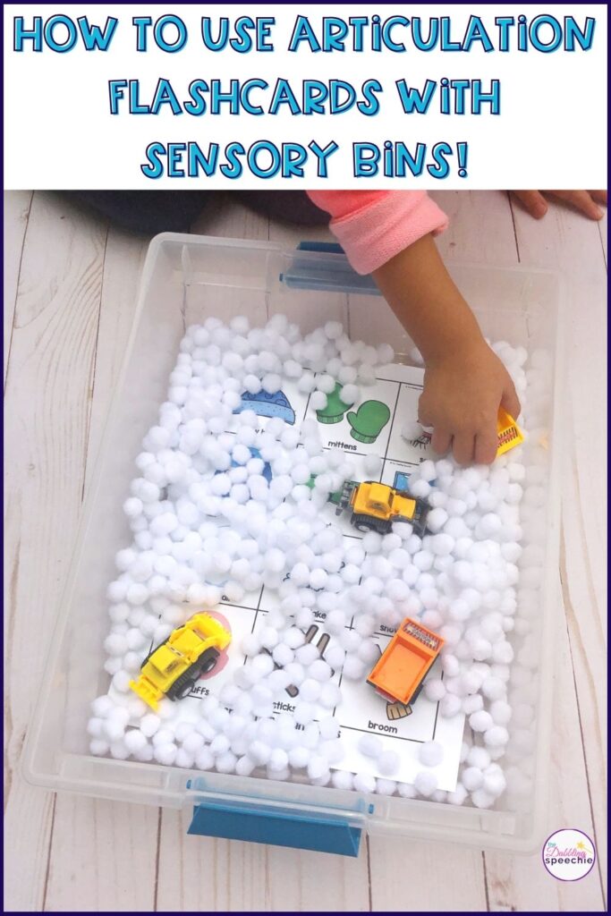 Tips for using articulation flashcards with sensory bins.