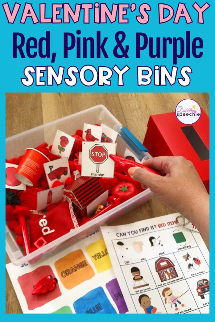 Red and pink color sensory bins for Valentine's Day