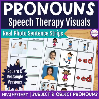 Pronoun speech therapy visuals and sentence strips.