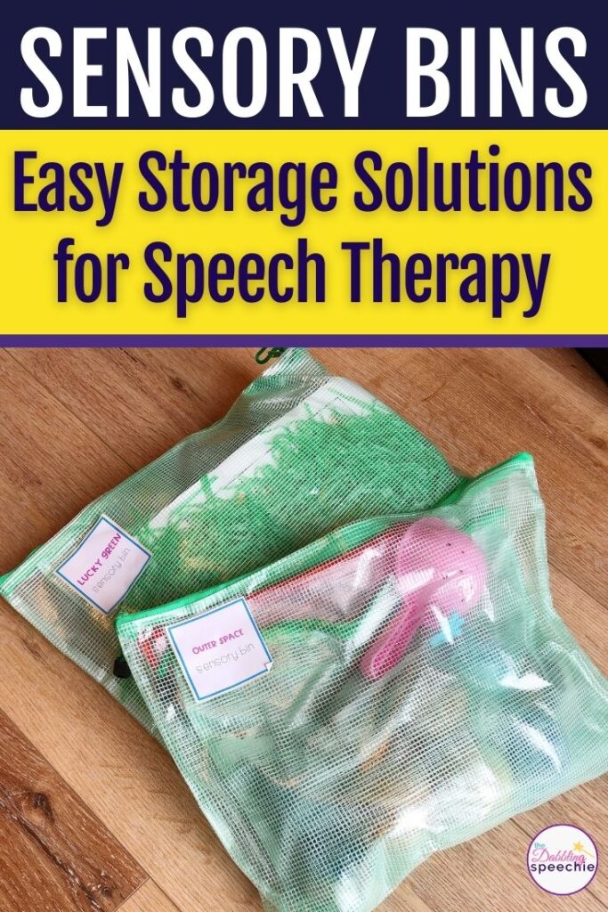 Easy sensory bin storage solutions for preschool and elementary speech therapy.